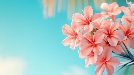 Obraz premium Delicate Pink Flowers Against a Soft Blue Background in Natural Light