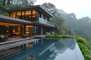 Luxurious cubic house with minimalist architecture expansive windows and a tranquil garden landscape