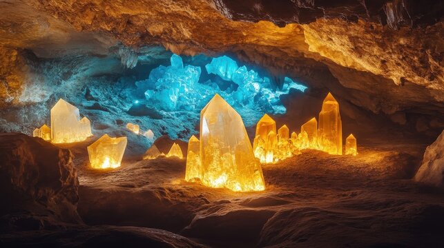 Illuminated crystals shine brightly in the cavernous underground cave