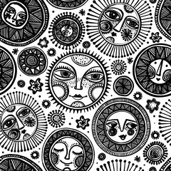 Seamless black and white vector pattern with hand drawn suns and stars on a white background