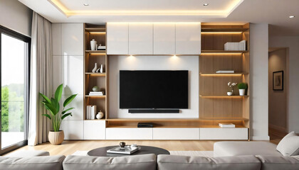 A Tv cabinet design with white wall paneling and wooden shelf.