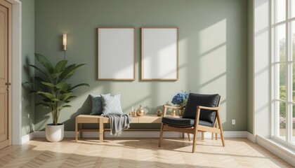 A calming living space bathed in sunlight showcases stylish furniture against a muted green wall. Soft textures and indoor plants create a tranquil atmosphere ideal for relaxation and inspiration