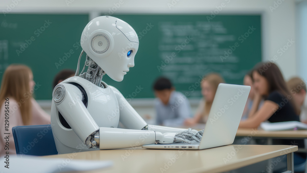 Poster humanoid robot engaged in learning process in classroom environment with students collaborating in b