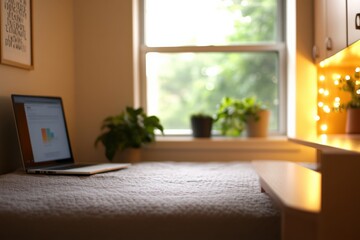Laptop on Bed with Plants in Background