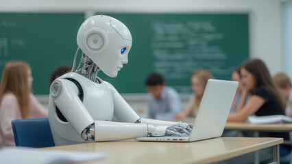 Humanoid Robot Engaged in Learning Process in Classroom Environment with Students Collaborating in Background