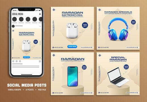 Editable Social Media Posts Set, For Electronics Sale on Occasion of Ramadan Holy Month. 