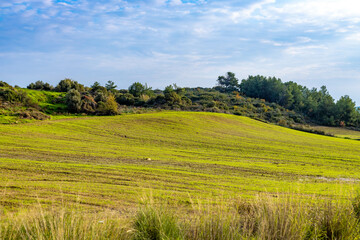Idyllic landscape with green grass field on hills and blue sky with clouds on a sunny day. Mediterranean, Antalya province, Turkey