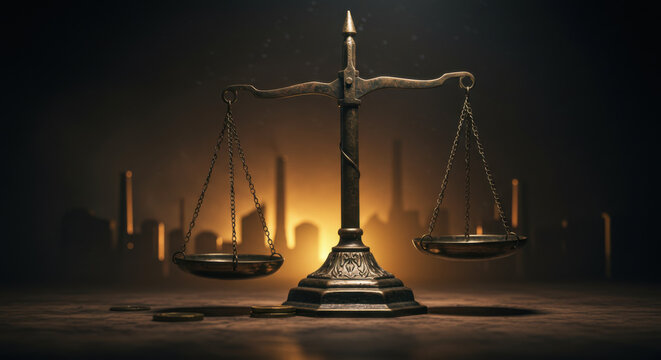 Overturned scales of justice unbalanced economy shown
