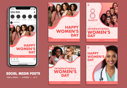 International Women&rsquo;s Day, Social Media Editable Post Set with Text Placeholder. 