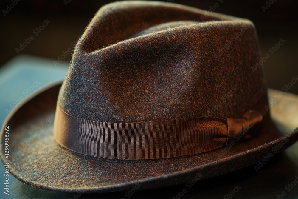 Poster a brown hat with a bow placed on a table