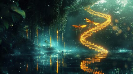 Two dragonflies flying over a glowing DNA inspired path
