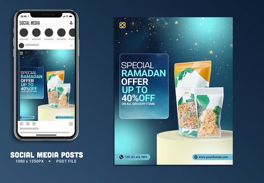 Editable Social Media Posts Set, For Grocery Sale on Occasion of Ramadan Holy Month. 