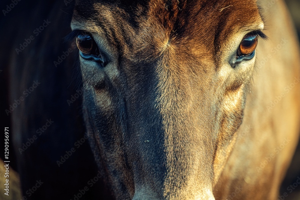 Poster a close-up shot of a brown horse's face with a calm expression