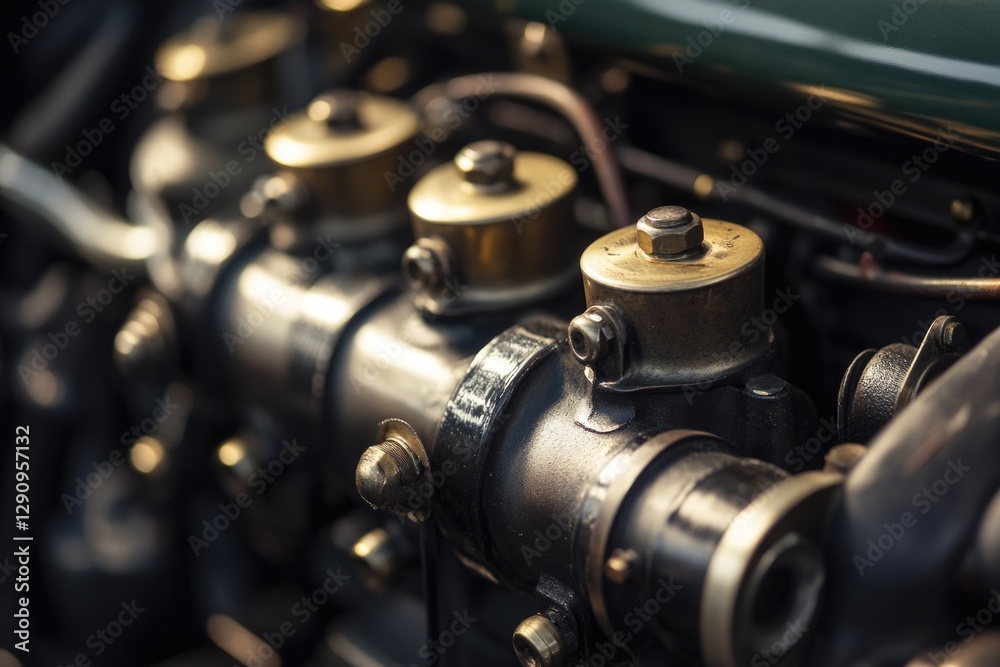 Poster close-up view of a motorcycle engine, perfect for automotive and transportation-related contexts