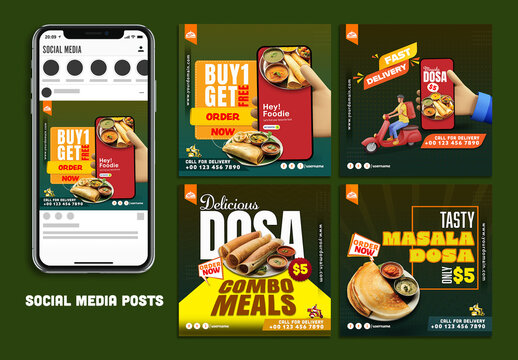 Food Social Media Editable Post Set with Discount Offers on Combo Meals, Fast Delivery, Order Food Online, Fast Food Offers with South Indian Food Images. 
