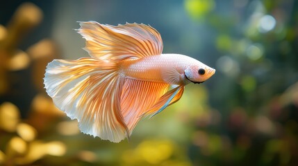 Fototapeta premium Ornamental fish like bettas and swordtails swimming gracefully through an aquarium, with space for copy.