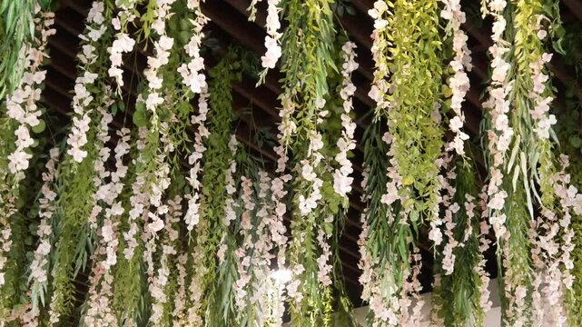 beautiful decoration of climbing flowers hanging from the roof