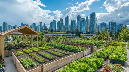 Fototapeta premium Rooftop garden with neatly arranged vegetable beds overlooking a city skyline, blending urban life with nature, clear space for copy.