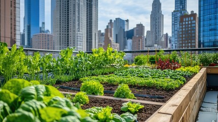 Fototapeta premium Rooftop garden with neatly arranged vegetable beds overlooking a city skyline, blending urban life with nature, clear space for copy.