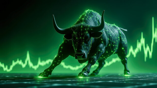 Digital representation of a bullish stock market trend featuring a geometric bull design and glowing green elements with rising graph lines