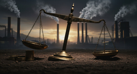 Overturned scales of justice unbalanced economy shown
