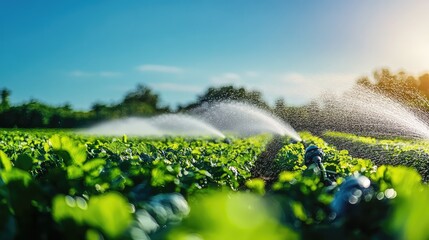 Rows of crops being irrigated by automated sprinklers under a blue sky, representing smart irrigation systems with room for text.