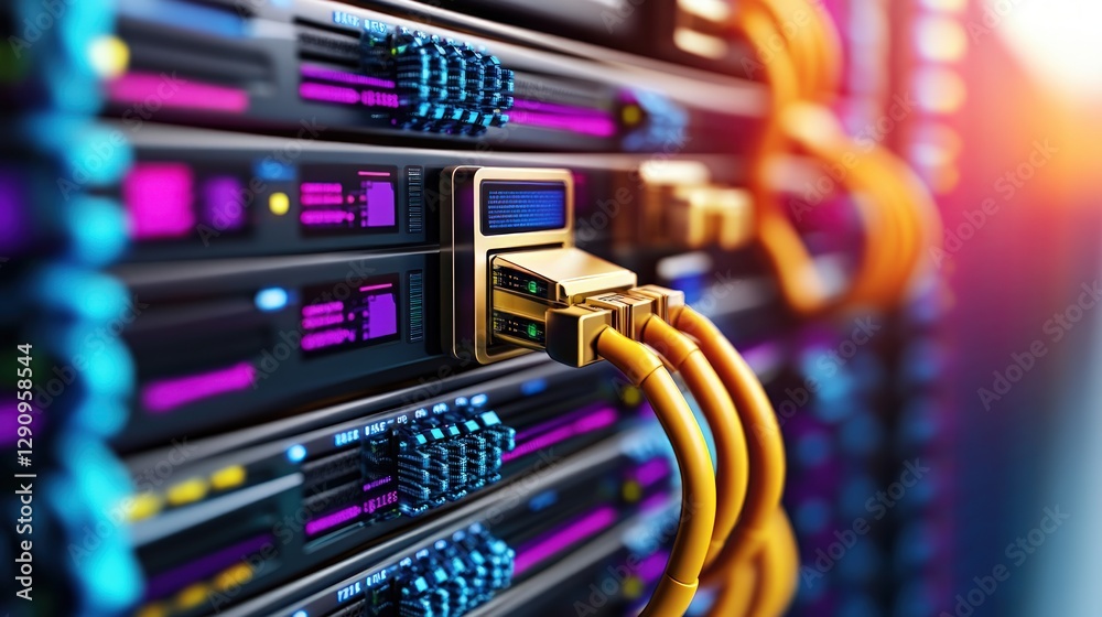 Poster Modern network server rack with multiple cables and high-tech equipment installed