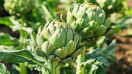 Fototapeta premium Rows of mature artichoke plants growing in fertile soil, sharp textures and clear space for agricultural text.