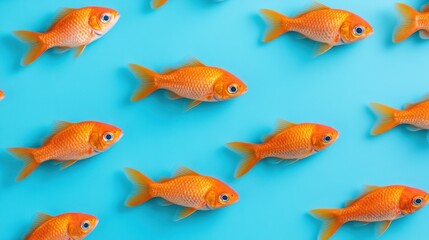 School of vibrant orange goldfish swimming against a turquoise background