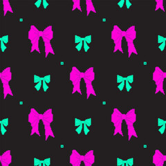 Pixel Art Neon Ribbon Bow Seamless Pattern on Black Background. Trendy playful patterned pixelated backdrop Y2k. Mood of 90 s aesthetics. Vector illustration in retro 8-bit
