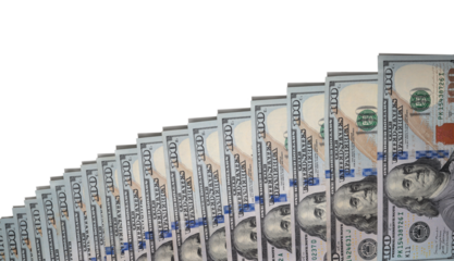 Border US hundred dollar bills in row on transparent background.