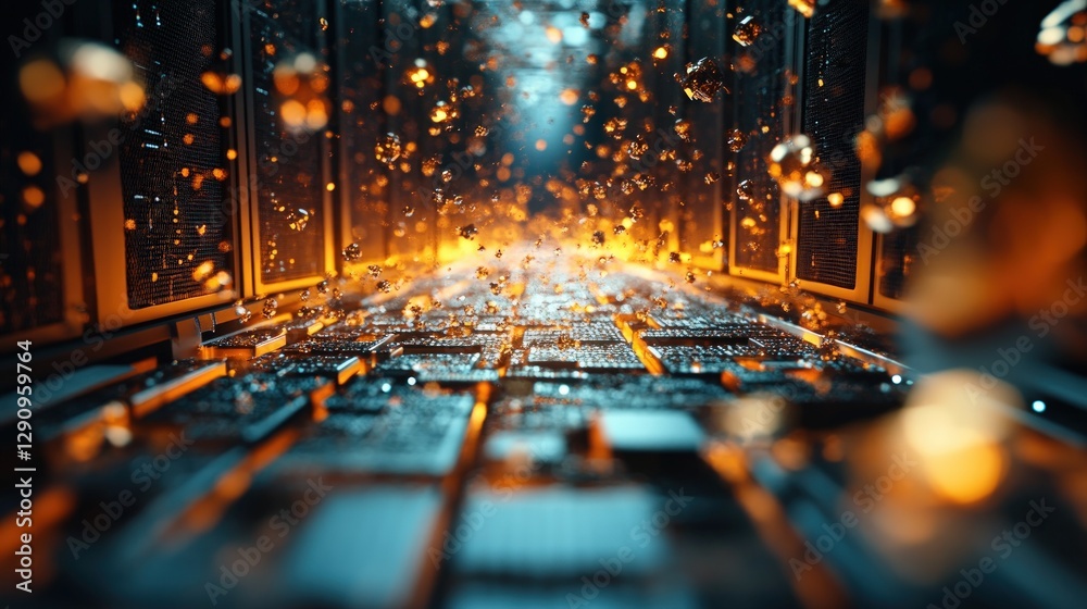 Poster Abstract digital network server with glowing particles and reflections