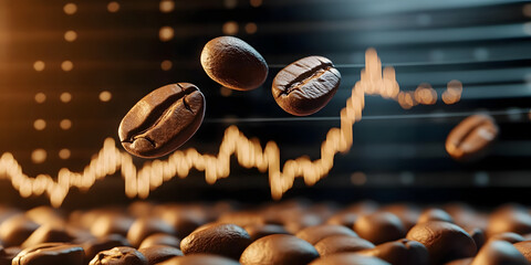 Coffee beans floating over rising stock market graph indicating increasing coffee prices