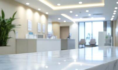 empty white marble tabletop with a blurred interior design of a modern office or medical clinic background, serving as a banner or product display template.
