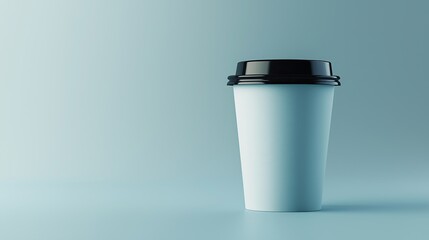 A white disposable blue grayl coffee cup with a black lid, standing upright against a plain, bright, light-gray background, rendered with photorealistic detail and smooth, even lighting. 2