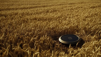 Solar-powered smart sensors monitoring soil conditions in a wheat field, energy-efficient smart farming with space for copy.