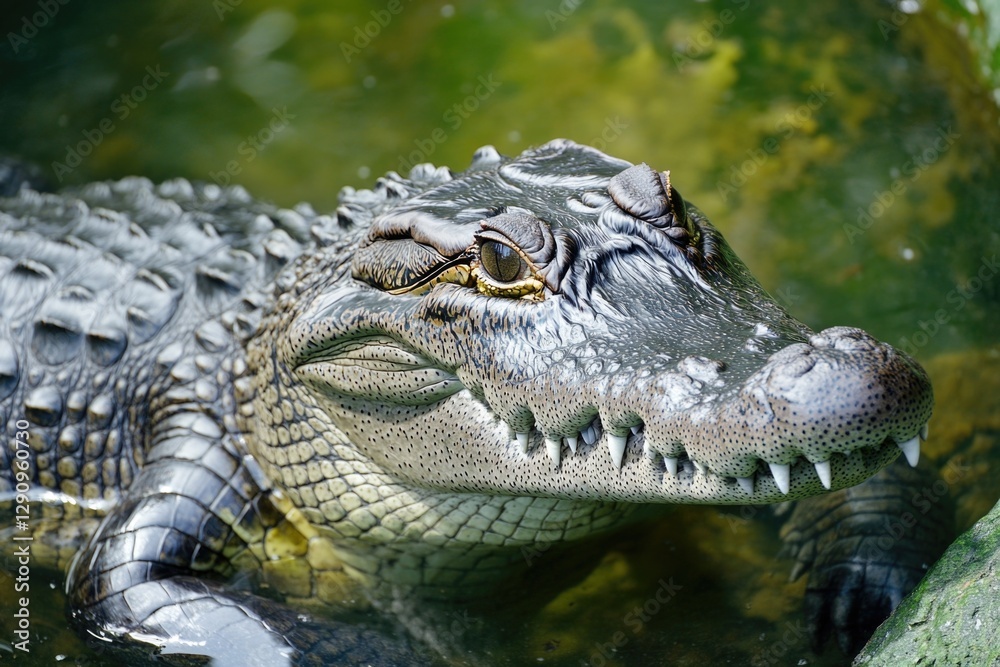 Poster a close-up view of a crocodile's head and snout submerged in a body of water, with sunlight reflecti