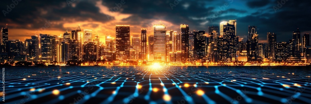 Poster Futuristic cityscape with a grid of data overlaying the urban environment