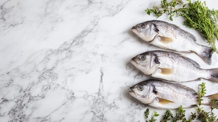 Whole fresh fish like bass and cod laid out on a marble surface, with space for copy.