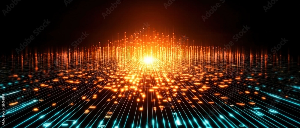 Poster Single glowing light source casting soft illumination in a darkened room