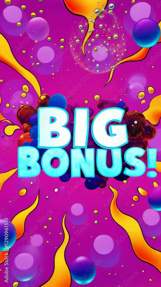 Poster a colorful background with the words big bonus written in white. the background is filled with many 