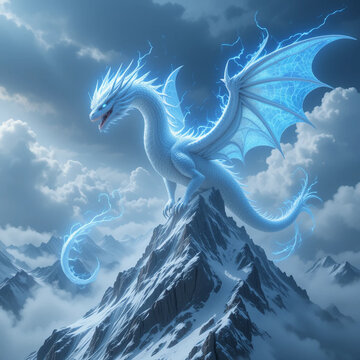 アイスドランゴンが、てっぺんにまたがり、下の光景を見渡している絵。