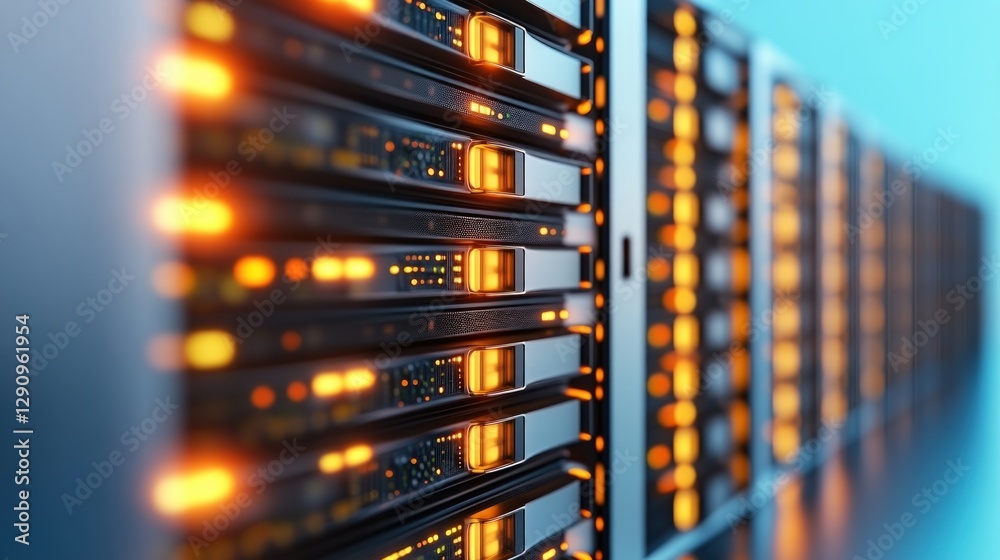 Poster Modern Data Center Rack with Multiple Servers and Bright LED Indicators