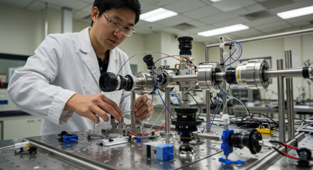 Physicist sets up apparatus complex physics experiment