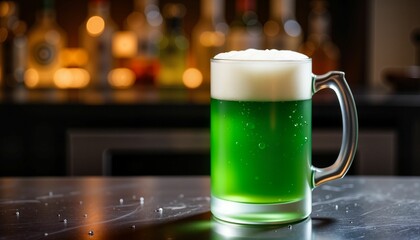 Vibrant green beer mug on metallic bar in dim pub, festive enjoyment