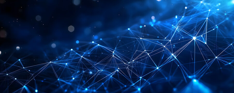 Blue technology background with network connections and digital data connection, web banner design for tech online site or social media promotion of product service on the dark blue background. . glow
