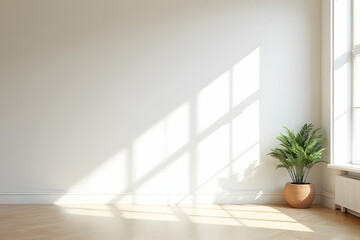 Fototapeta premium Minimalist Interior Space with Natural Light and Potted Plant Casting Shadows from Large Windows