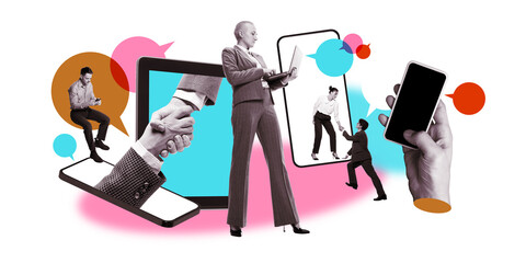 Business team engaging in online discussion, professionals interacting through virtual platforms and devices. Concept of teamwork, communication, and corporate digital networking. Creative art collage