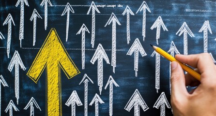 Hand draws upward trend amidst many arrows