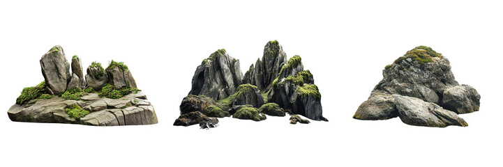 Collection of dramatic coastal scene with mossy rocks isolated on a transparent background